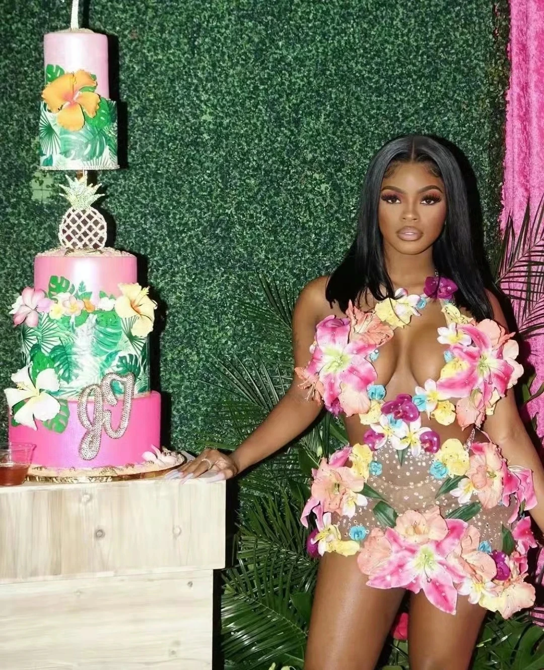 

Women Party Prom girl stage dance costume Luxury Crystals Nude Mesh Transparent Flowers Dress gogo outfit