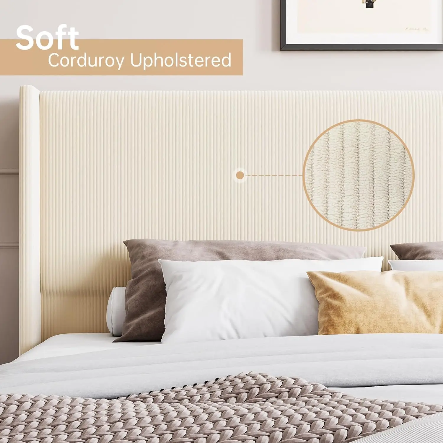 Corduroy Upholstered Platform Bed Frame with Wingback Channel-Tufted Headboard - Wood Slat Support, No Box Spring Needed, Easy Assembly - Creamy Beige