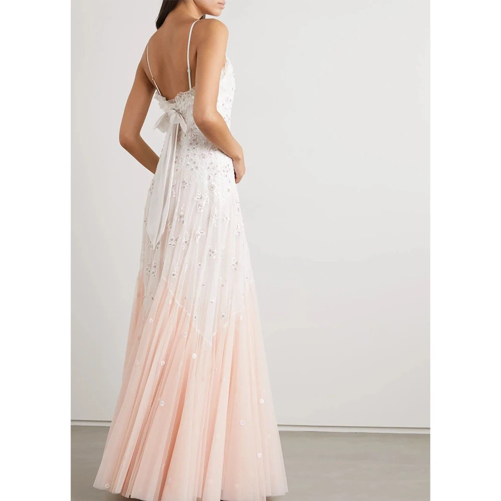 Gradient Pink Tulle Maxi Dress Women Spaghetti Strap 3D Floral Sequin Embellished Evening Gown Elegant Party Prom Wedding Guest