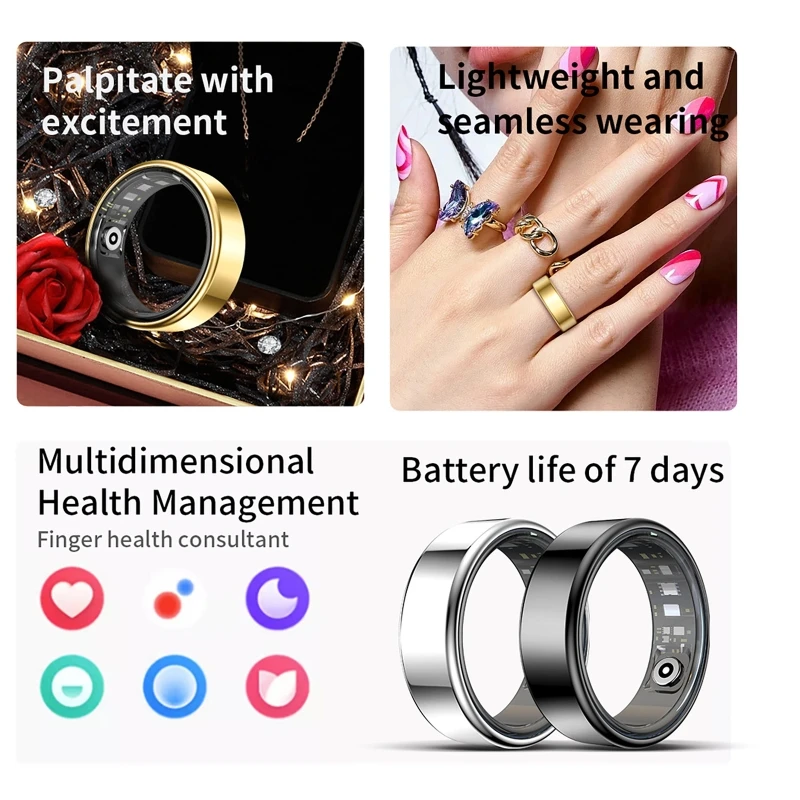 Smart Ring Health Tracker Heart Rate Blood Oxygen Monitor Waterproof Multifunctional Step Sleep Fitness Men Women Holiday Gift