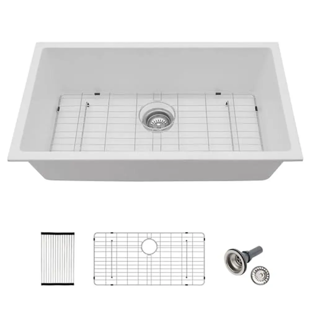 33 Inch White Granite Composite Undermount Kitchen Sink with Deep Bowl and Accessories