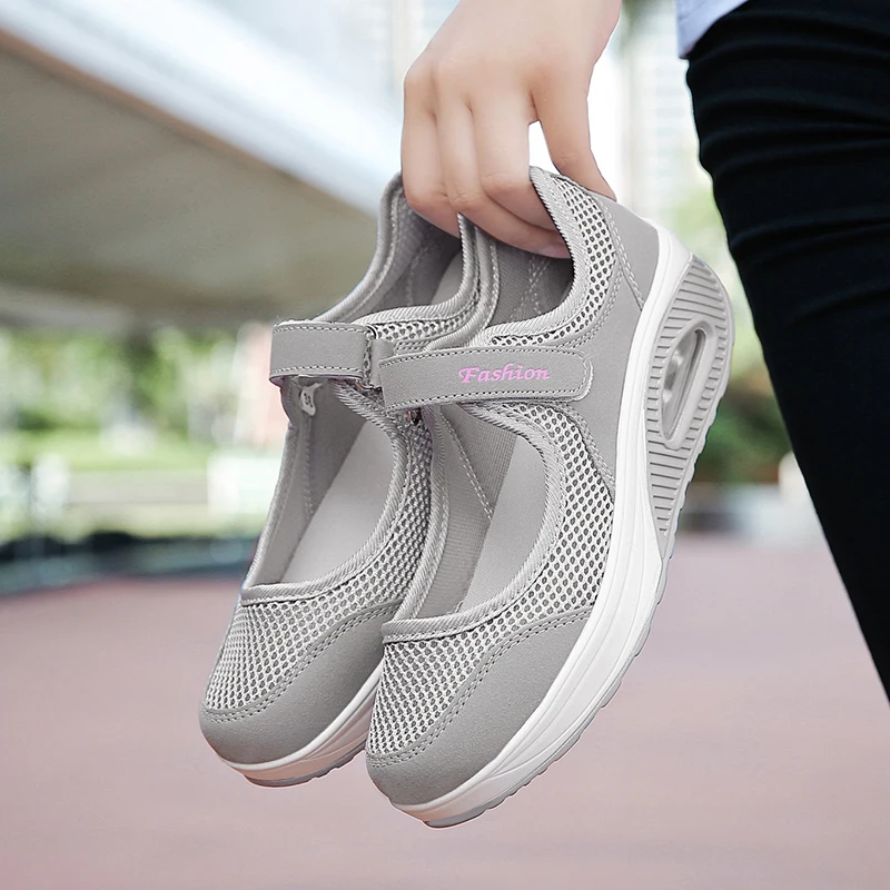 Summer Mesh Casual Women\'s Shoes Sports Shoes IncreaseOutdoor Thick Bottom Slope Heel Breathable Hiking Shoes Large Size