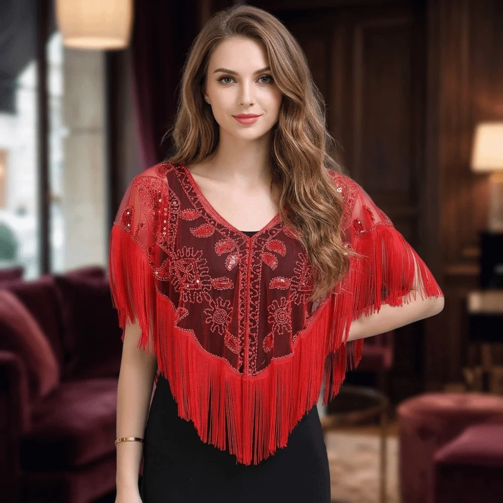 New Mesh Wrap Sequined Shawl With Tassel Cloak Cape Cover Up Tulle Shawl Sheer See Through Flapper Shawl Wedding Accessories