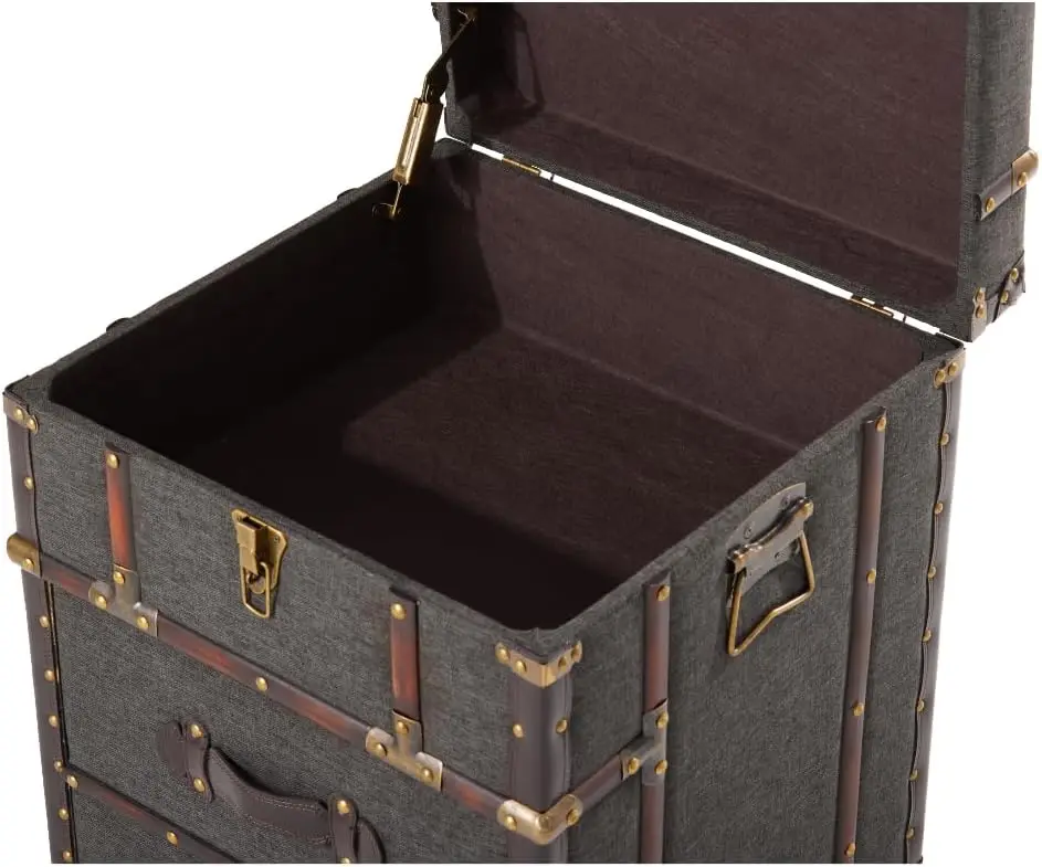 Vintage Linen Storage Chest Accent End Side Table With Buckle Hinged Top, 2 Drawer Nightstand, Rectangle, Grey