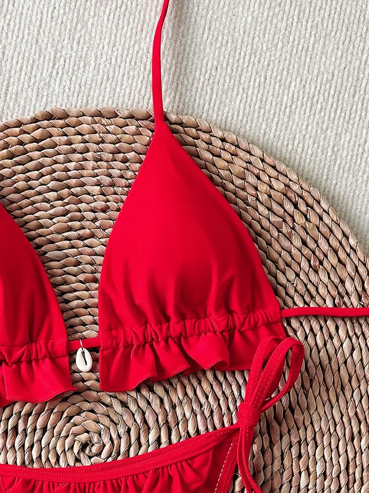 Ruffle Bikini Set Women Sexy Swimsuit Two-Piece Heart Hollow Out Backless Female Swimwear Bathing 2025 Fashion Beachwear