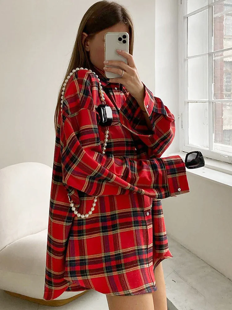 Casual Spring Women\'s Plaid Shirt Colorful Oversize Check Street Lapel Female Shirts 2023 New Vintage Fall Lady Blouse Coat Top