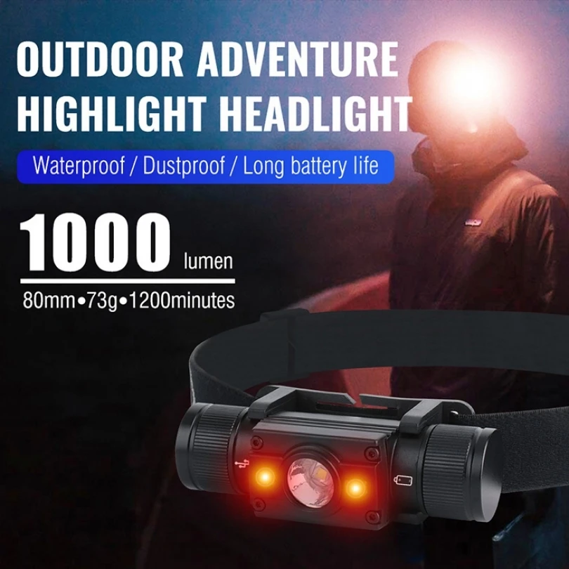 HP300 1000LM 3 LED Rechargeable Headlamp 7 Modes Hiking Outdoor Camping Lamp Red Side Light Type C USB Waterproof LED Headlight