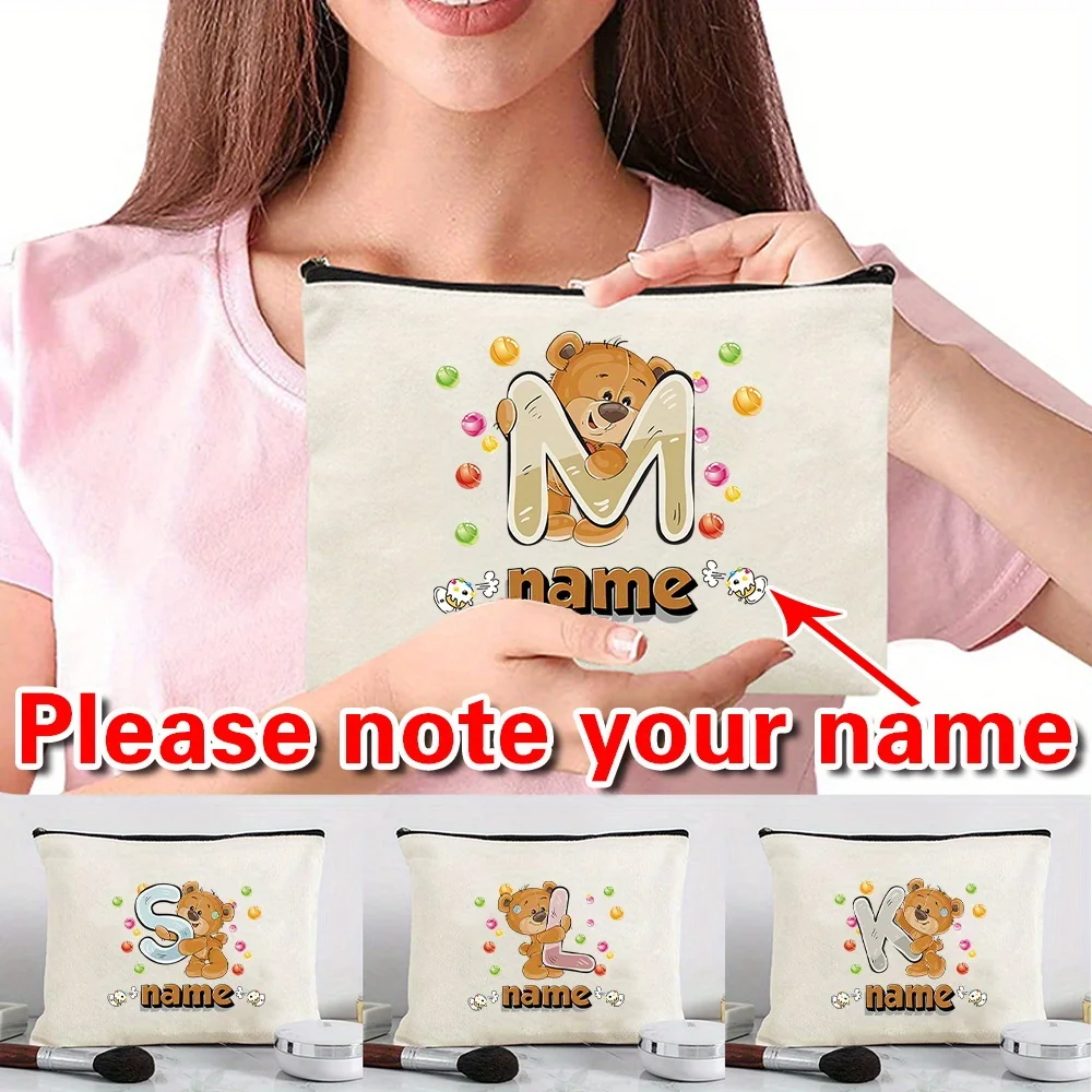 

Customized Name Canvas White Makeup Bag Storage Bag Portable Travel Makeup Bag Cartoon Series Customized Products