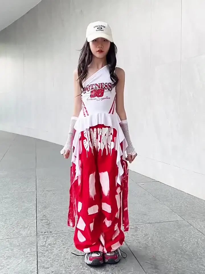 Hip-Hop Mädchen Süßes Crop Top ‌ Puffröcke Cargohosen Kinder Streetwear Mädchen Gruppenkostüm Kinder K-Pop Streetdance Kleidungssets