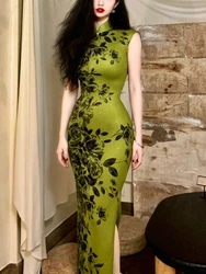 Green Designer One Piece Dress Women Summer Floral Chic Sleeveless Evening Dress Female Korean Slit Retro Y2k Dress 2024 New