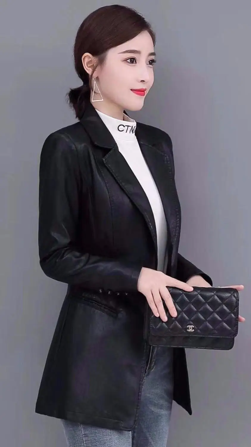 Women Trendy Black Soft Faux Leather Slim Fitting Blazer Jacket Long Sleeve Office Lady PU Suit Coat Chic Spring Autumn New