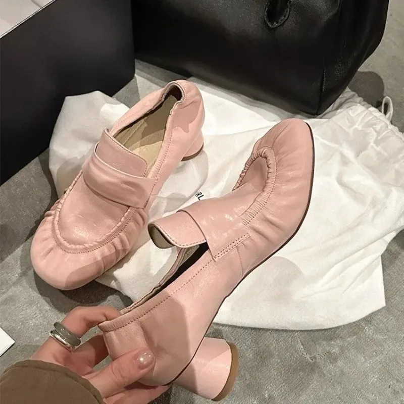

New Spring 2026 Style Pleated Chunky Heel Sneakers with Round Toe and The Same Style Loafers