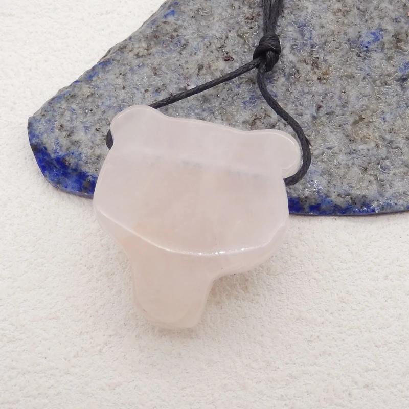Carved Animal Pendant Natural Stone Rose Quartz Fashion Cute Bear Head Pendant DIY Jewelry Making 33x28x18mm 19g