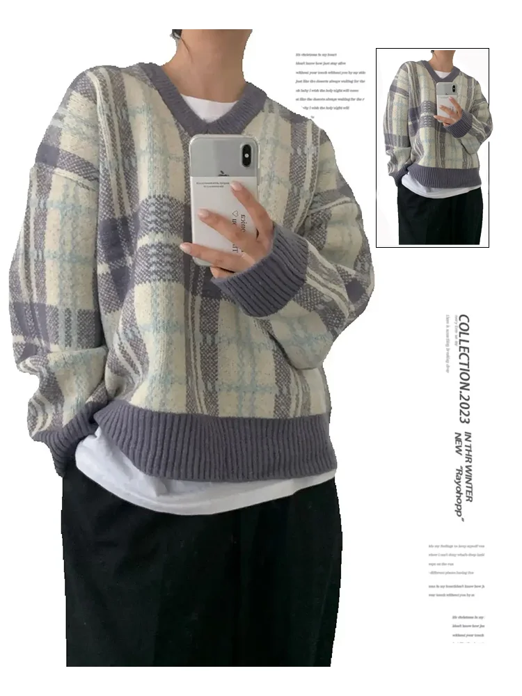 Damski sweter z długim rękawem w kratkę O-Neck Winter Y2K Korean Harajuku Office 2000s Style College Retro 90s Sweater Clothing 2024