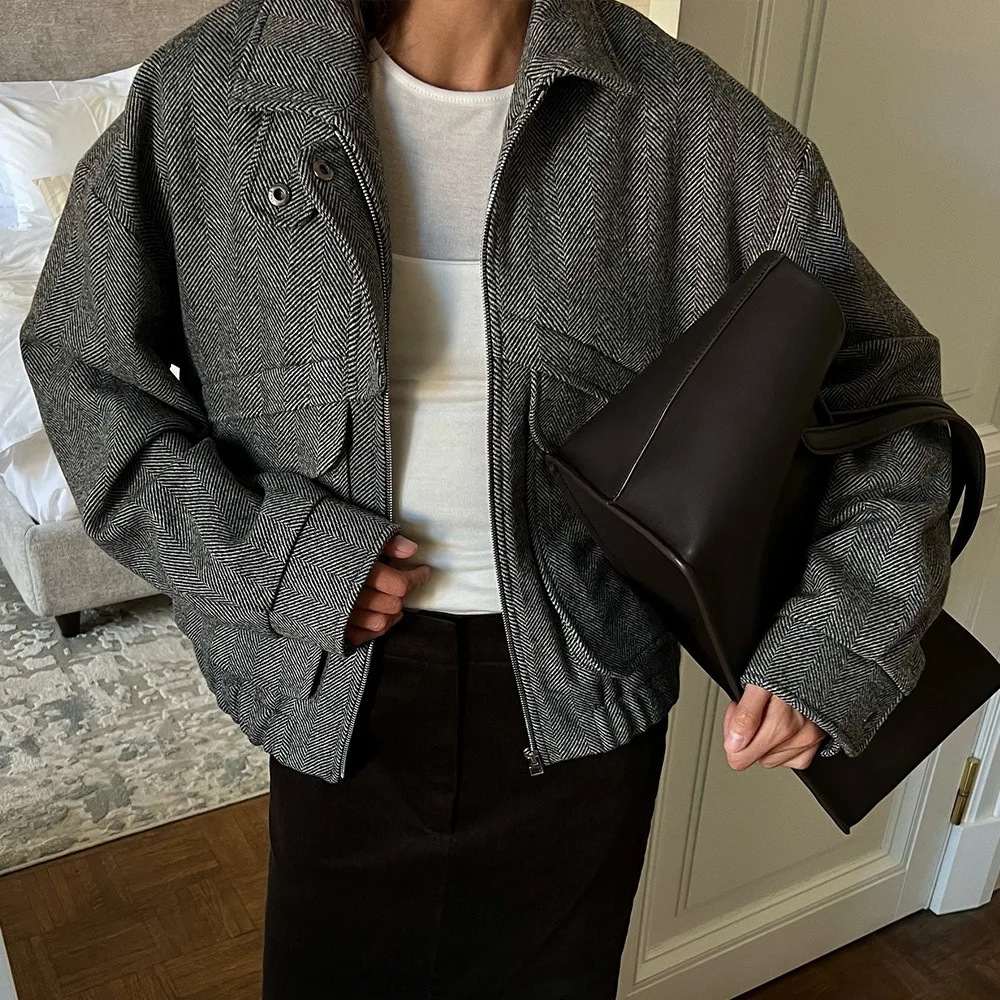 

Women's Vintage Gray Herringbone Zip Up Jacket, Oversized Stand Collar Wool Blend Coat, Casual Fall Streetwear