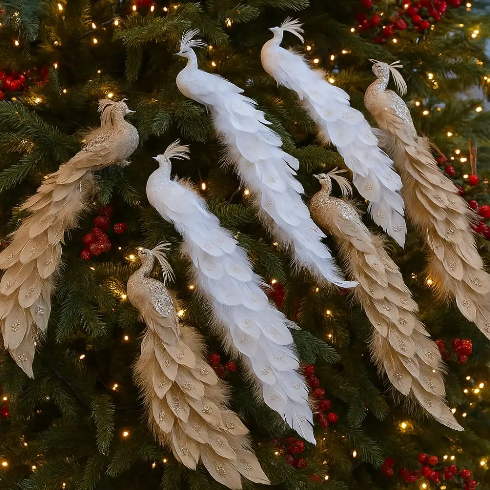 

Colorful Artificial Christmas Peafowl Glitter Feather Long Tail Simulation Peacock with Clip Handmade Christmas Tree Decor
