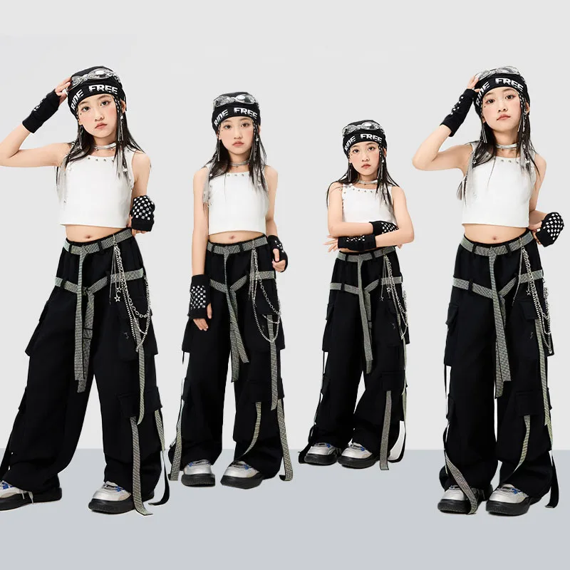 

Kid Kpop Hip Hop Clothing White Rivet Crop Tank Black Bead Strap Multi Pockets Strap Cargo Pants for Girl Dance Costumes Clothes
