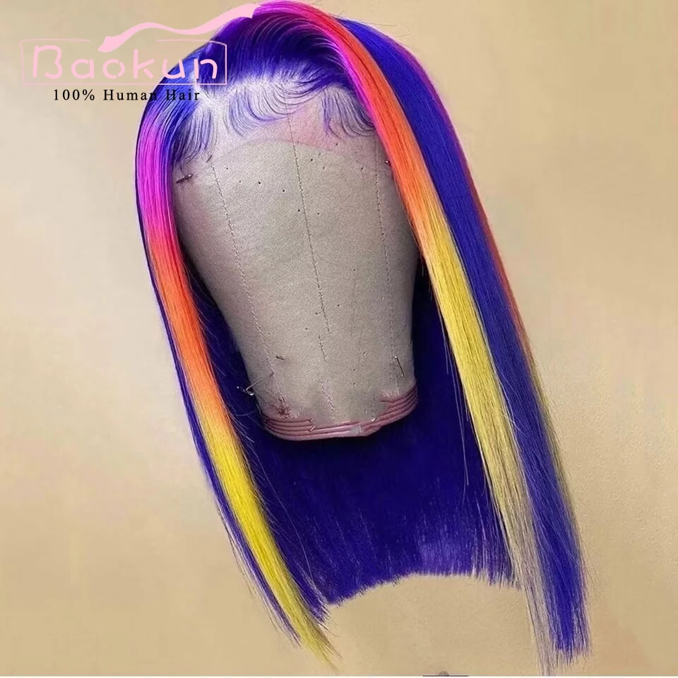 

13x4 Rainbow Short Bob Wig Lace Front Human Hair Wigs Blue Yellow 613 Blonde Highlight Wig Human Hair 13x6 HD Lace Frontal Wig