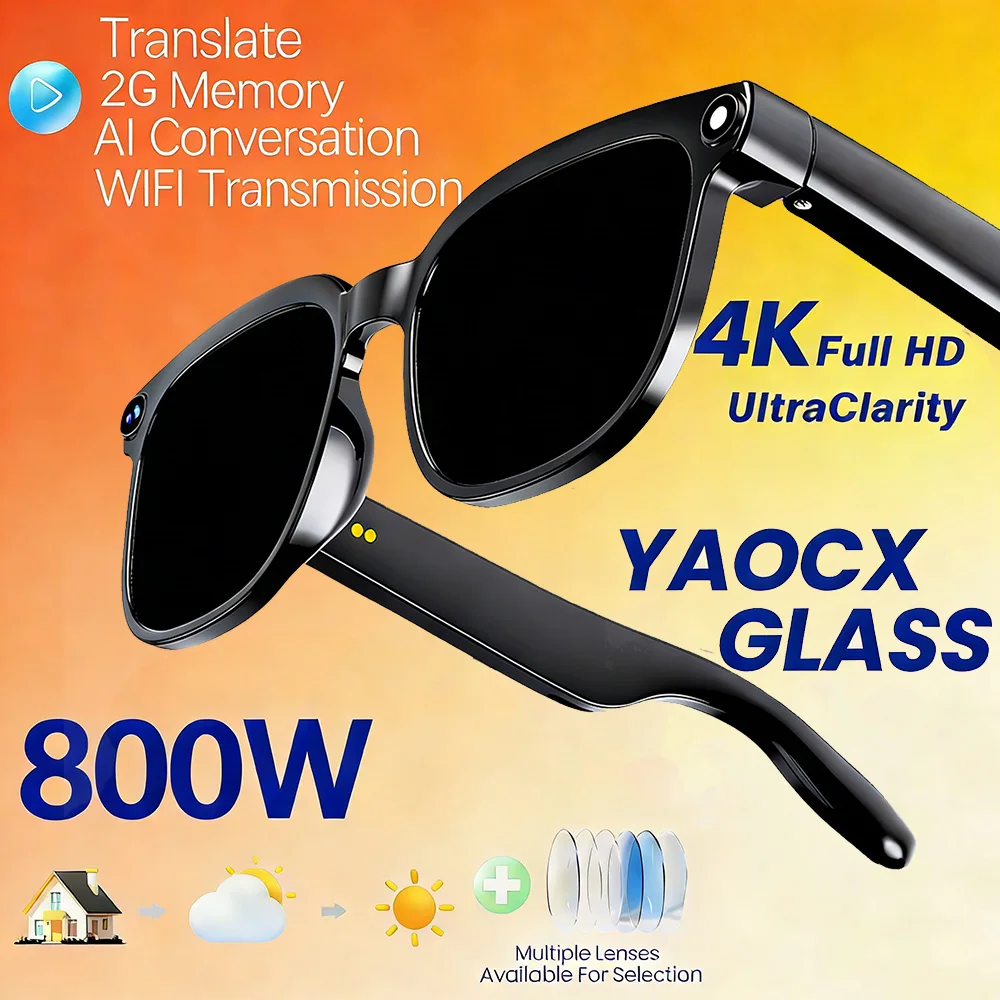 

800W With Camera Smart Glasses Woman Video Recording AI Photo Recognition Eyewear Earphone Call Translation Voice Sunglasses Men