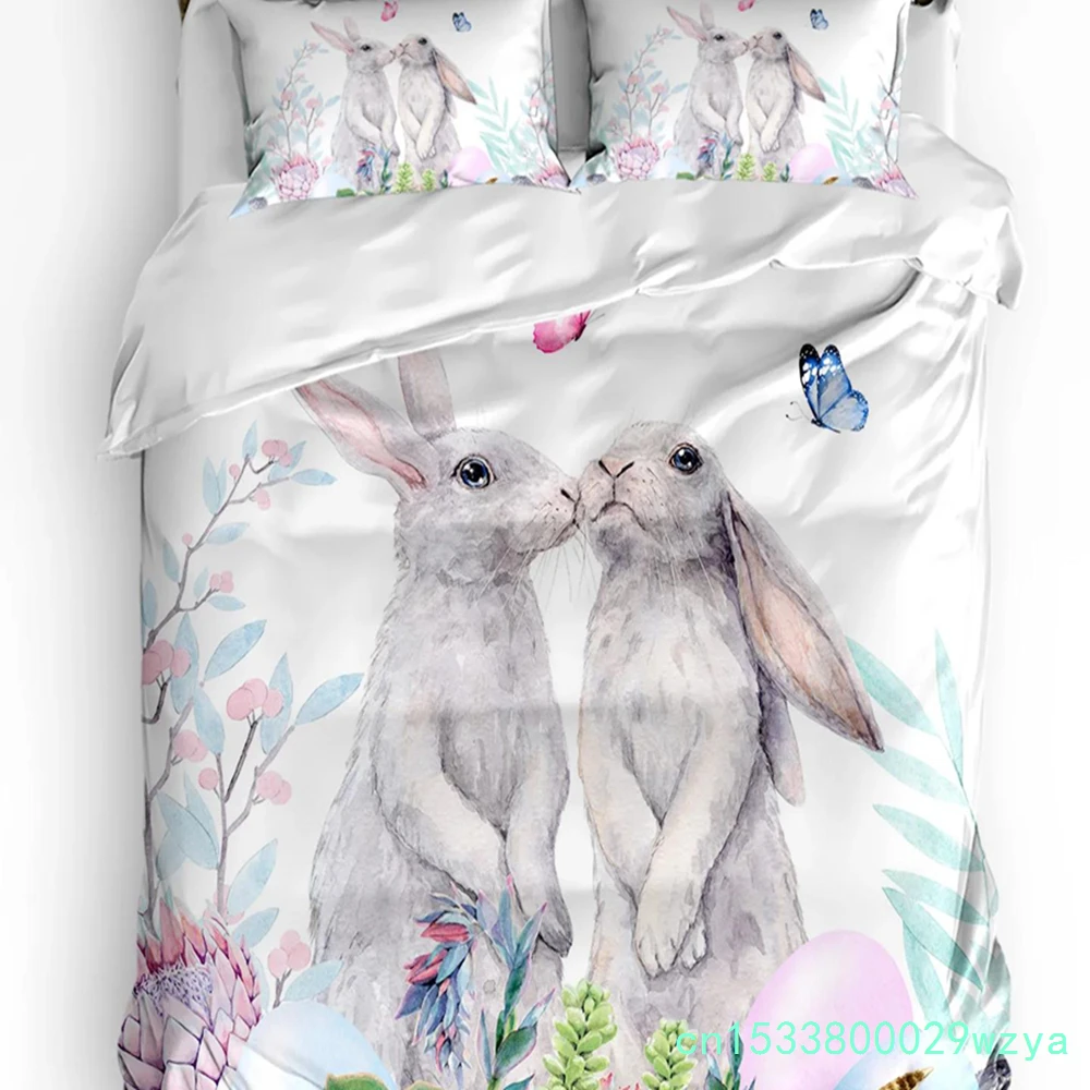Easter Bunny Flower Butterfly Watercolor Rabbit 3pcs Bedding Set For Double Bed Home Textile Duvet Cover Quilt Cover Pillowcase