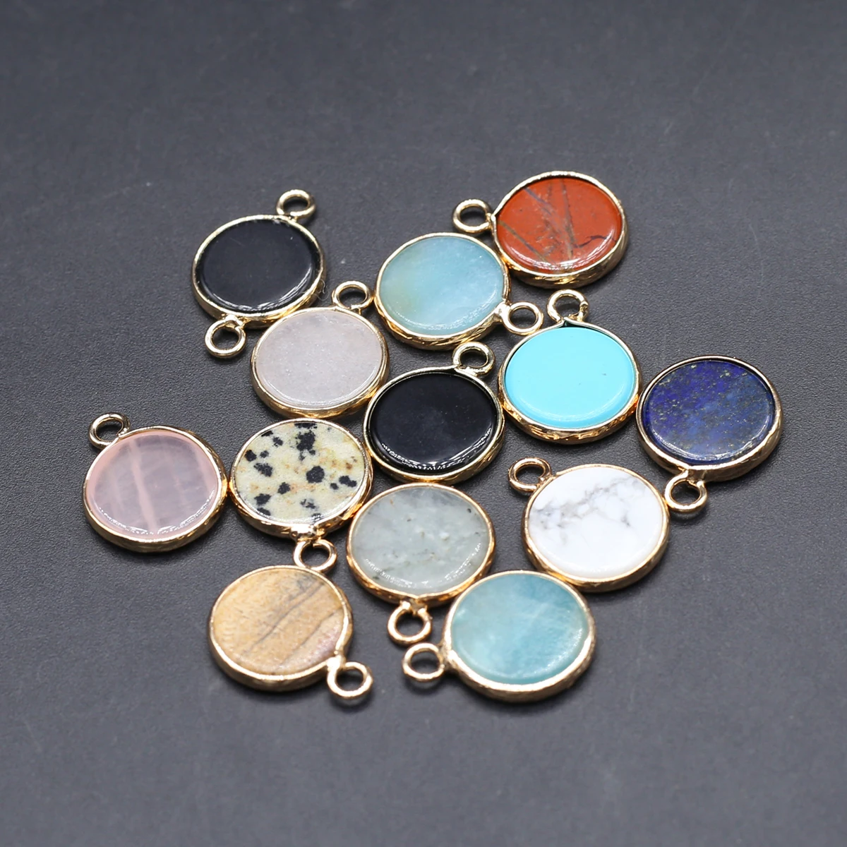 

12PCS Wholesale Natural Semiprecious Stone Round Gold Edge Connector Pendant Jewelry Making DIY Necklace Earrings Accessories