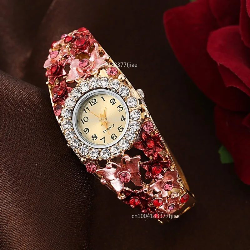 

Women's Watches Stainless Steel Rhinestone Quartz Watch Women Fashion Flower Vintage Bangle Elegant Wristwatch Zegarek Damski