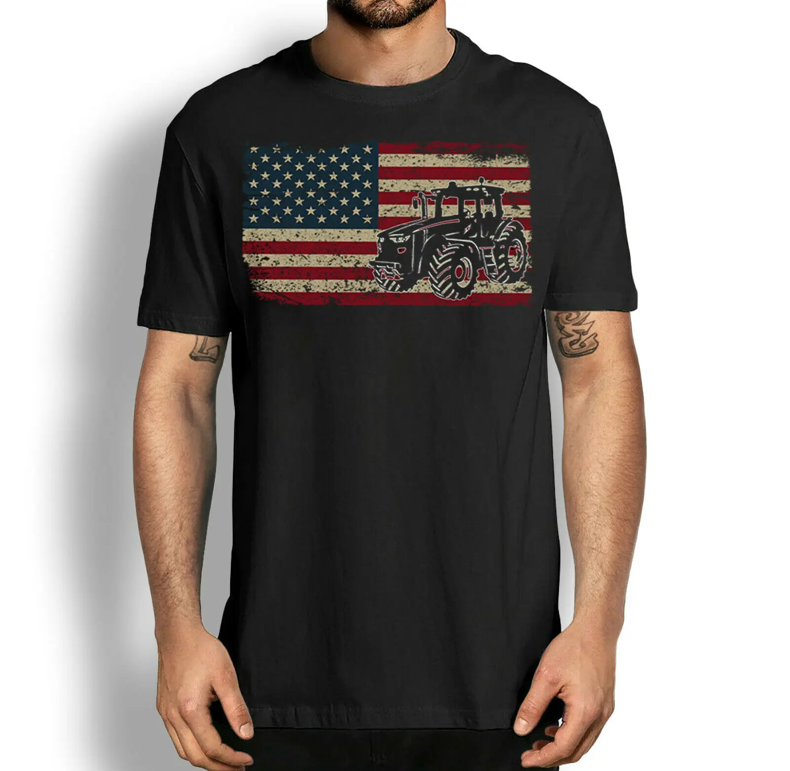 Retro Farm America Flag Tractors Patriotic Farmer Gift T-Shirt 100% Cotton O-Neck Short Sleeve Summer Casual Mens T-shirt
