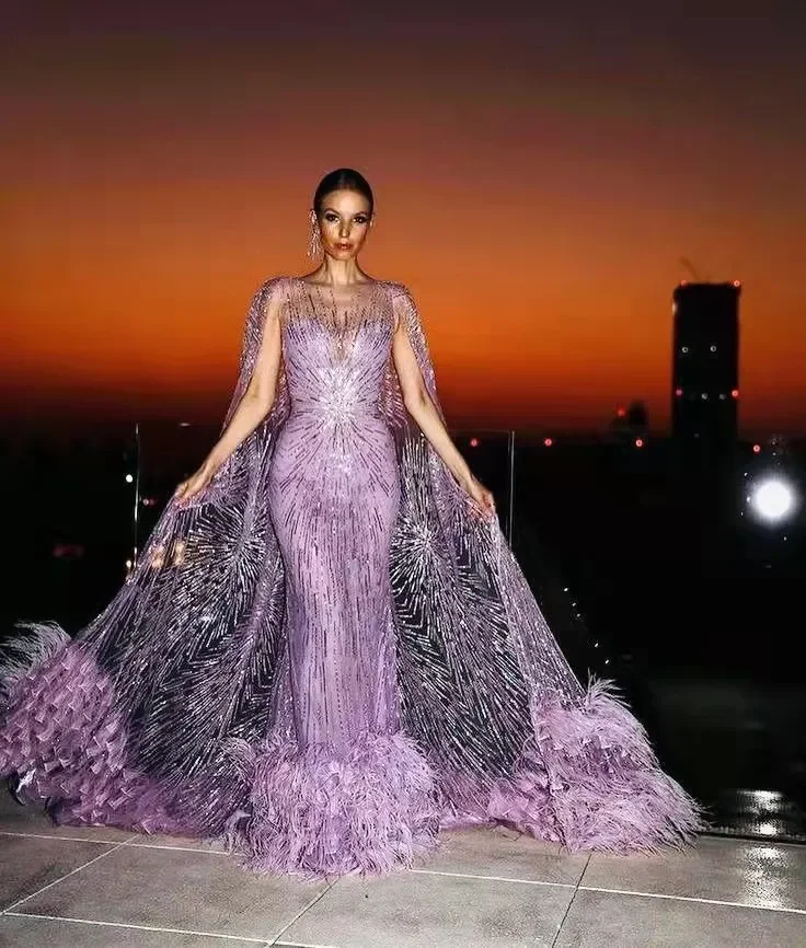 Customized Luxury Purple Beaded Cape Feathers Evening Dresses 2024 Fashion Mermaid Floor-Length vestidos de fiesta فساتين سهره H