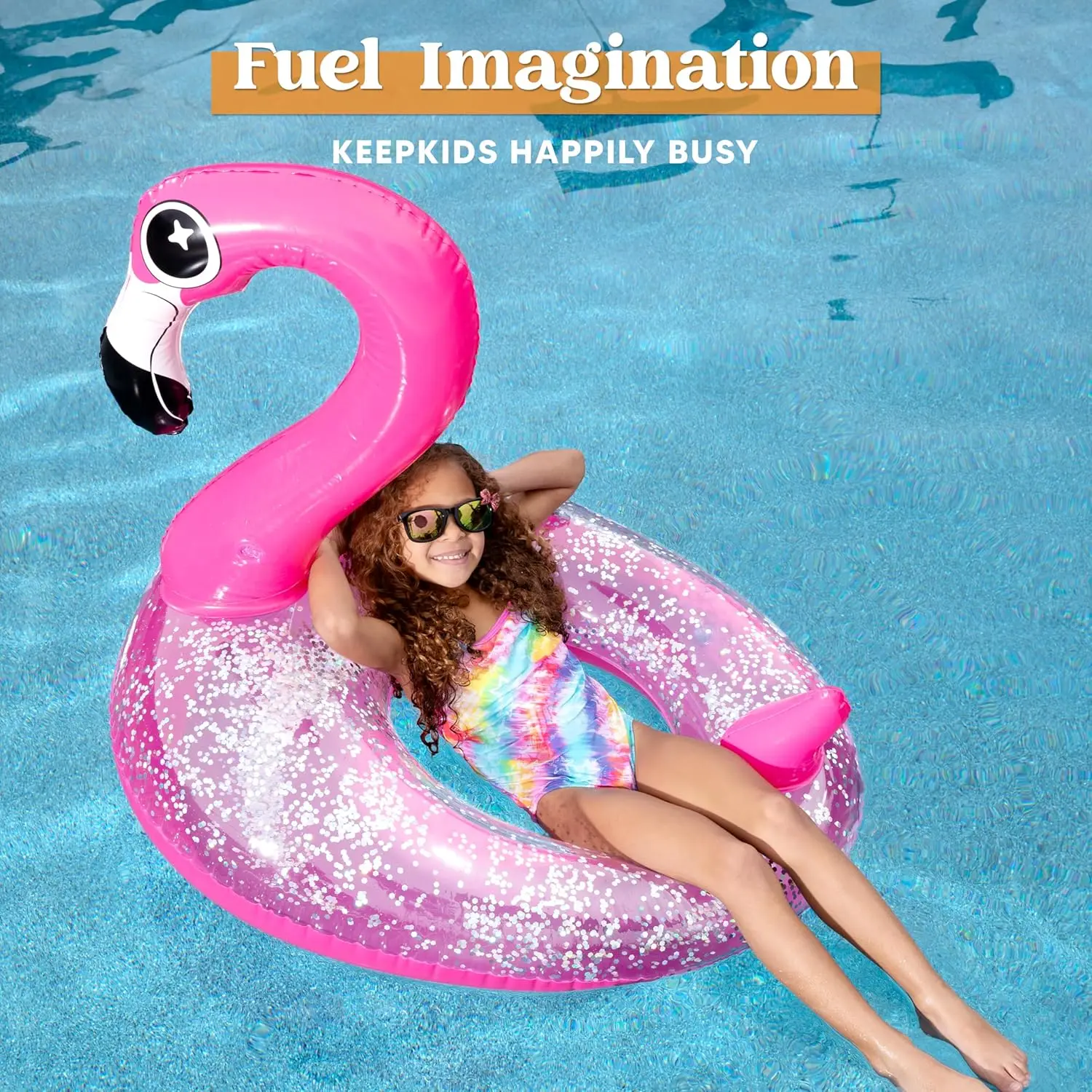 膨脹式フラミンゴプールフロート、グリッター付きフラミンゴプールチューブスイムリングフロート、大人子供用フローティングファンビーチレイクフロート