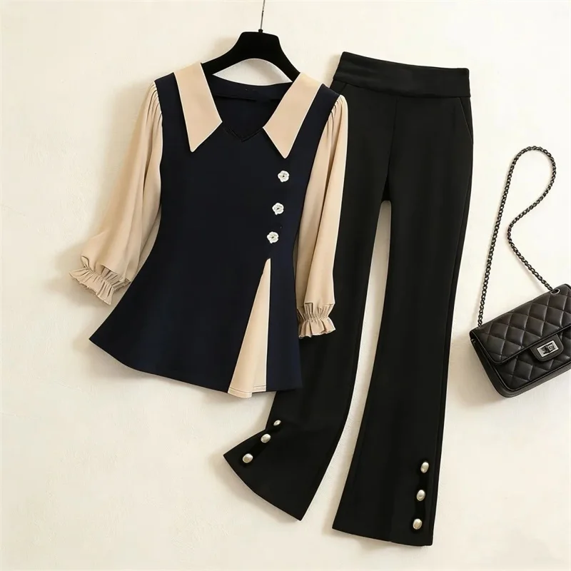 

Women Shirt Flared Pantalons Set Ladies Seventy Percent Sleeve Tops 2PCS Autumn Female Large Size 4XL Patchwork Two Piece Suit