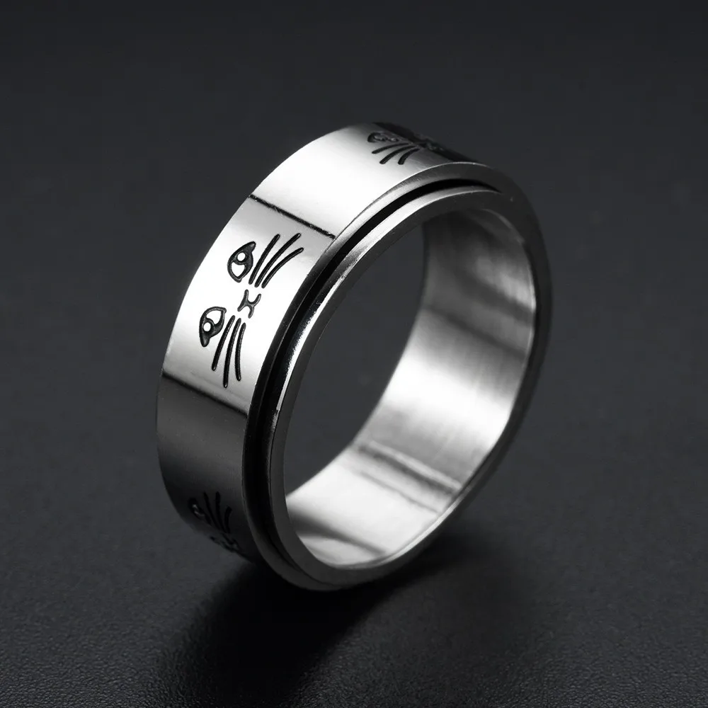Hollow out cat Animal Stainless Steel Anti Stress Ring For Girl Anxiety Relief Spinning Knuckle Ring Fidget Metal Spinner Anillo