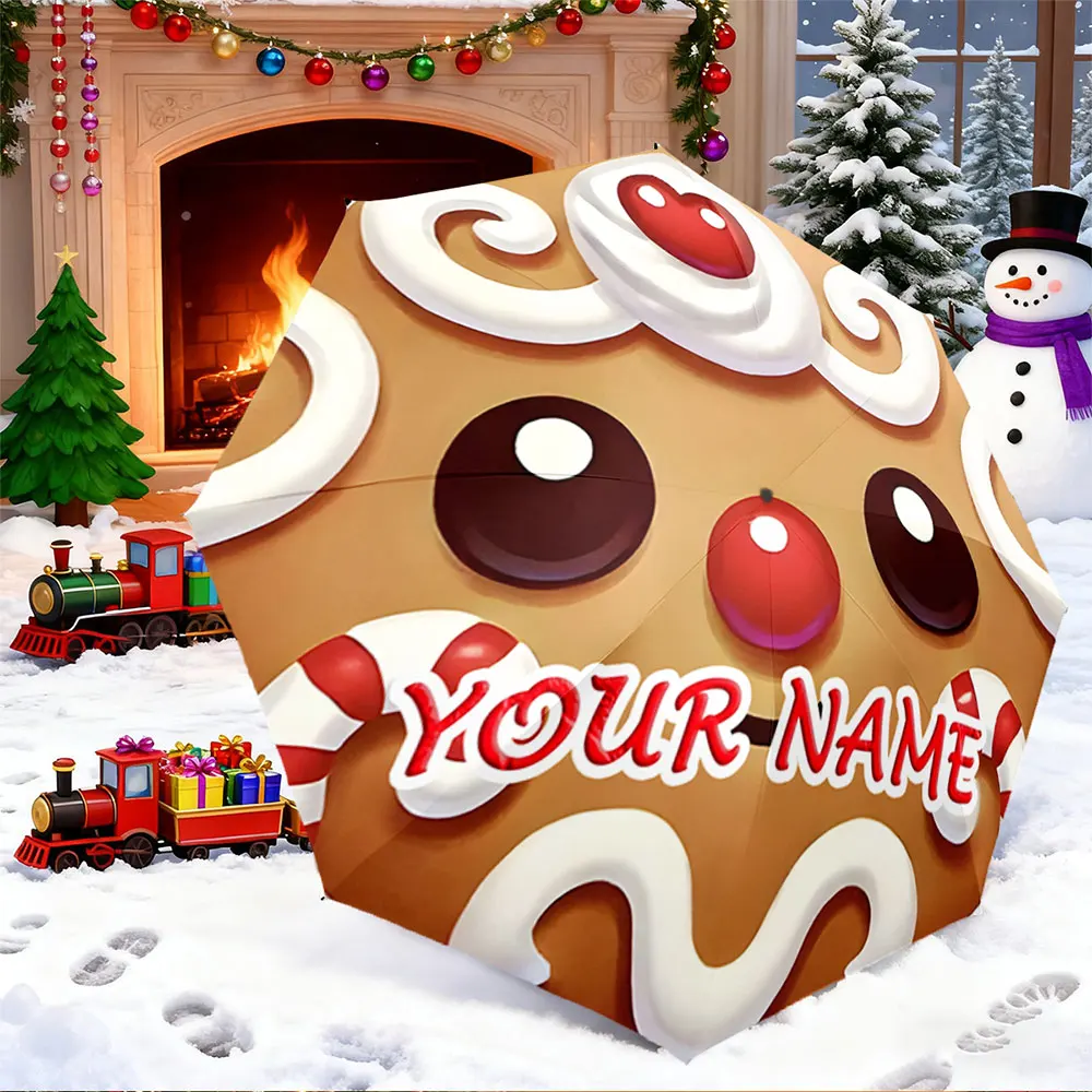 Custom Name Umbrella， Cute Gingerbread Face Design Umbrella with Customizable Text ,Portable Folding Umbrella, Christmas Gift