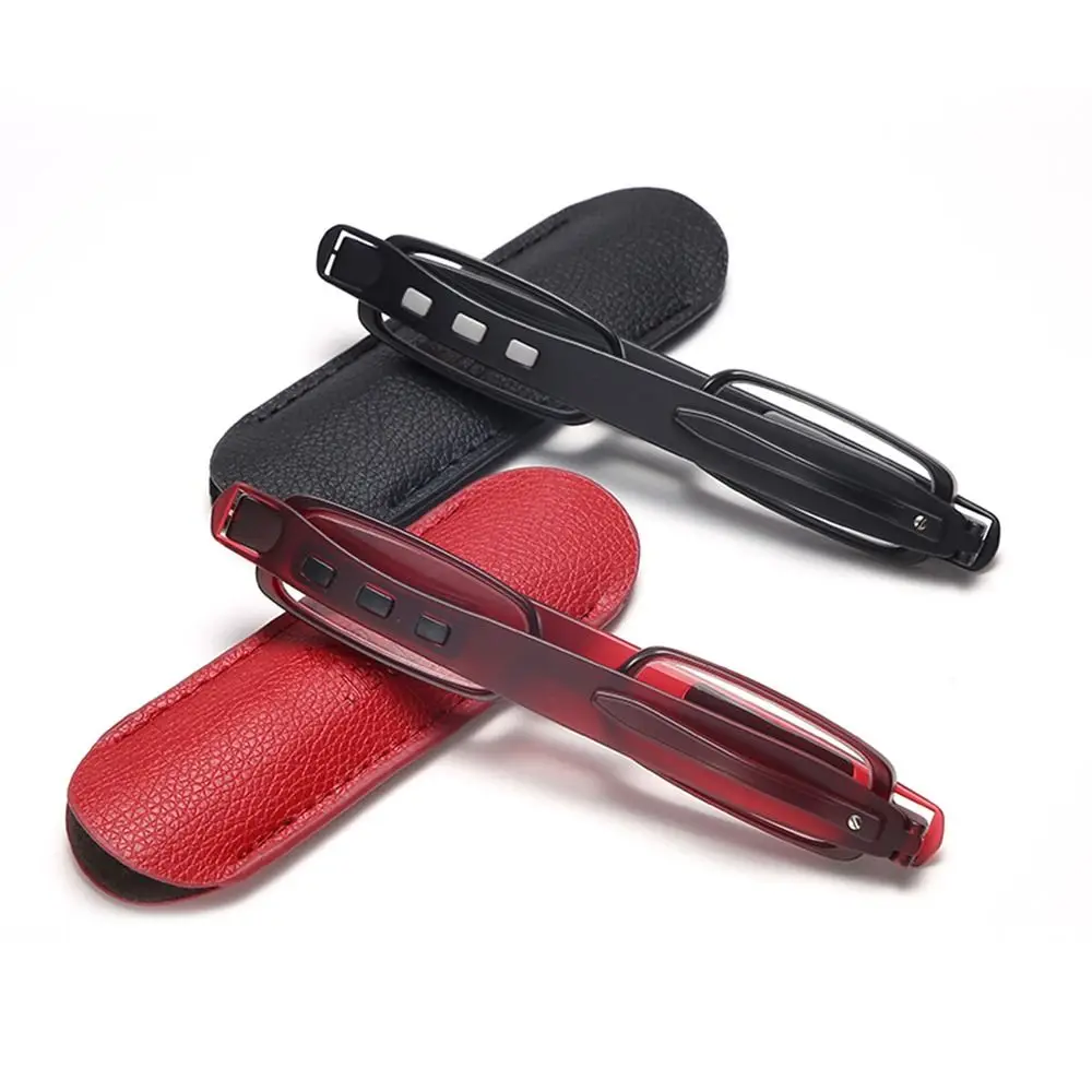 Compact 360°Twist with Leather Case Mini Pocket Pen Clip Readers Reading Glasses Portable Folding Anti Blue Light