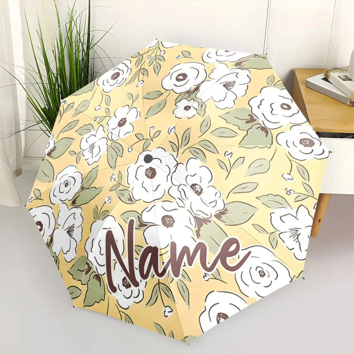 Personalized Custom Name Floral Patterned Umbrella with Elegant Print 8 Iron Ribs Folding Umbrella, Auto-Open Fashion Sunshade