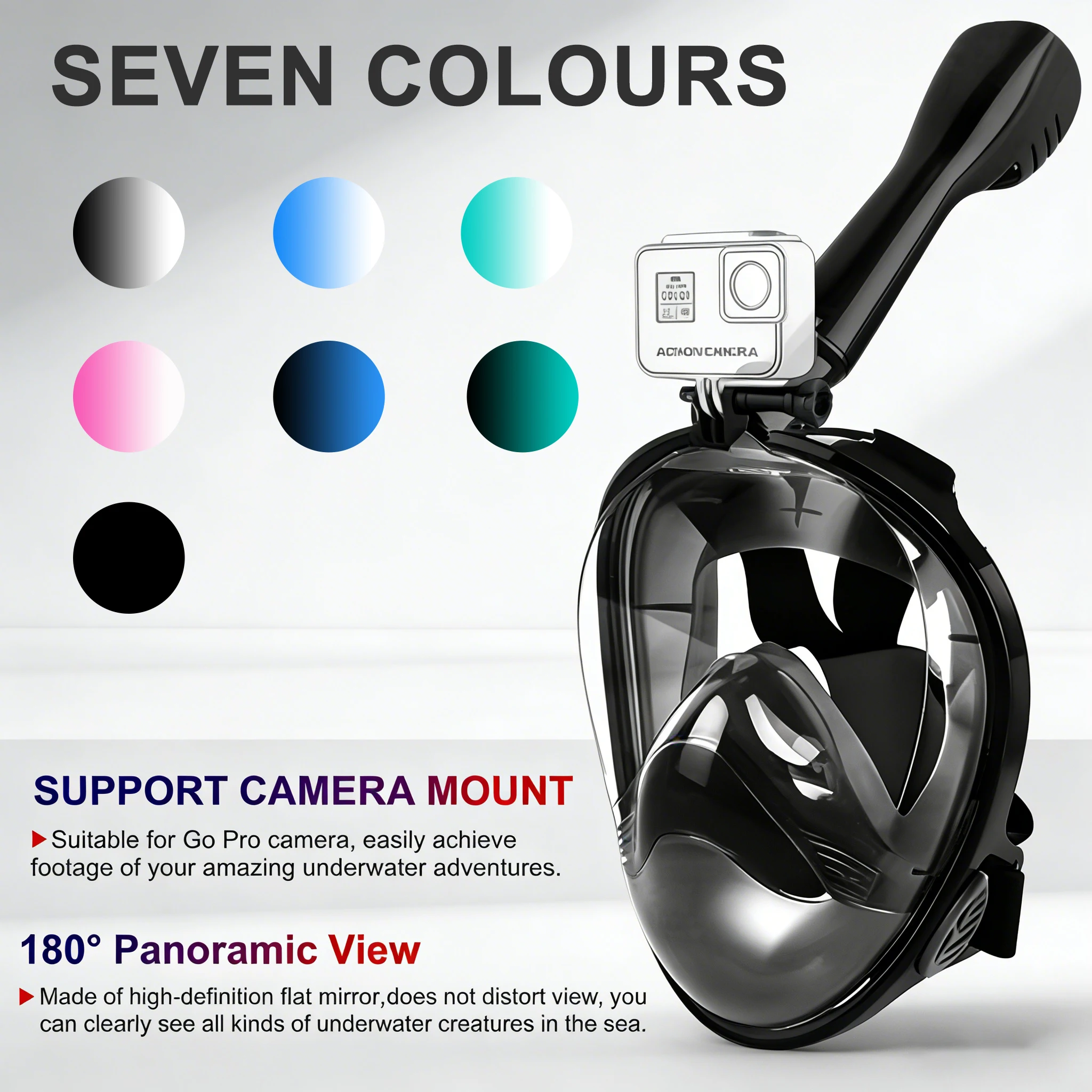

Full Face Snorkel Mask Diving Mask for Adults 180° Panoramic View Anti-Leak-Fog with Camera Mount Safe Breathing Seven Colours