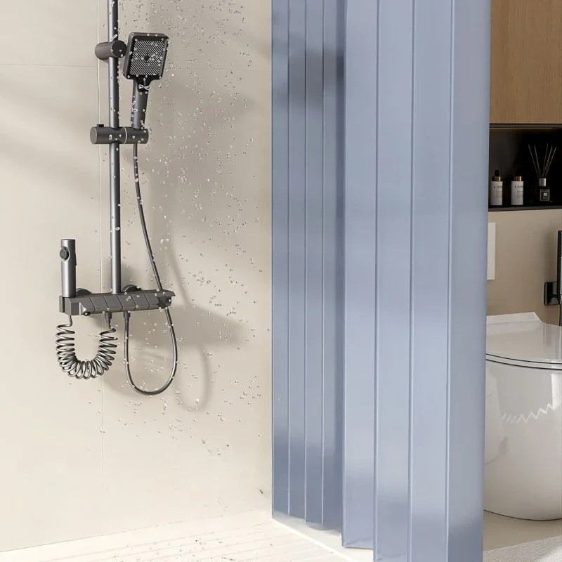Folding Rod Shower Curtain Set Waterproof Polyester Invisible Partition Retractable For Bathroom Dry Wet Separation