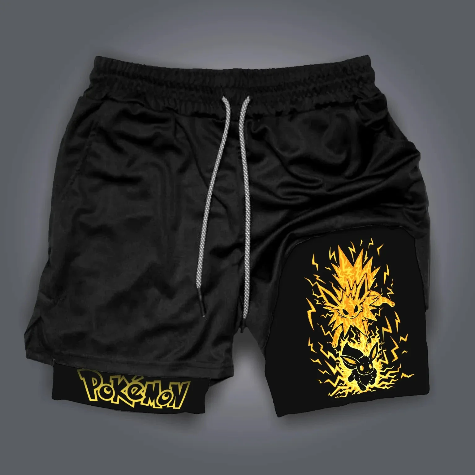 Pokémon Anime bedruckte doppellagige Shorts, Sommer, Unisex, Fitness, Schwimmen, Laufen, atmungsaktiv, schnell trocknend, Sport-2-in-1-Shorts