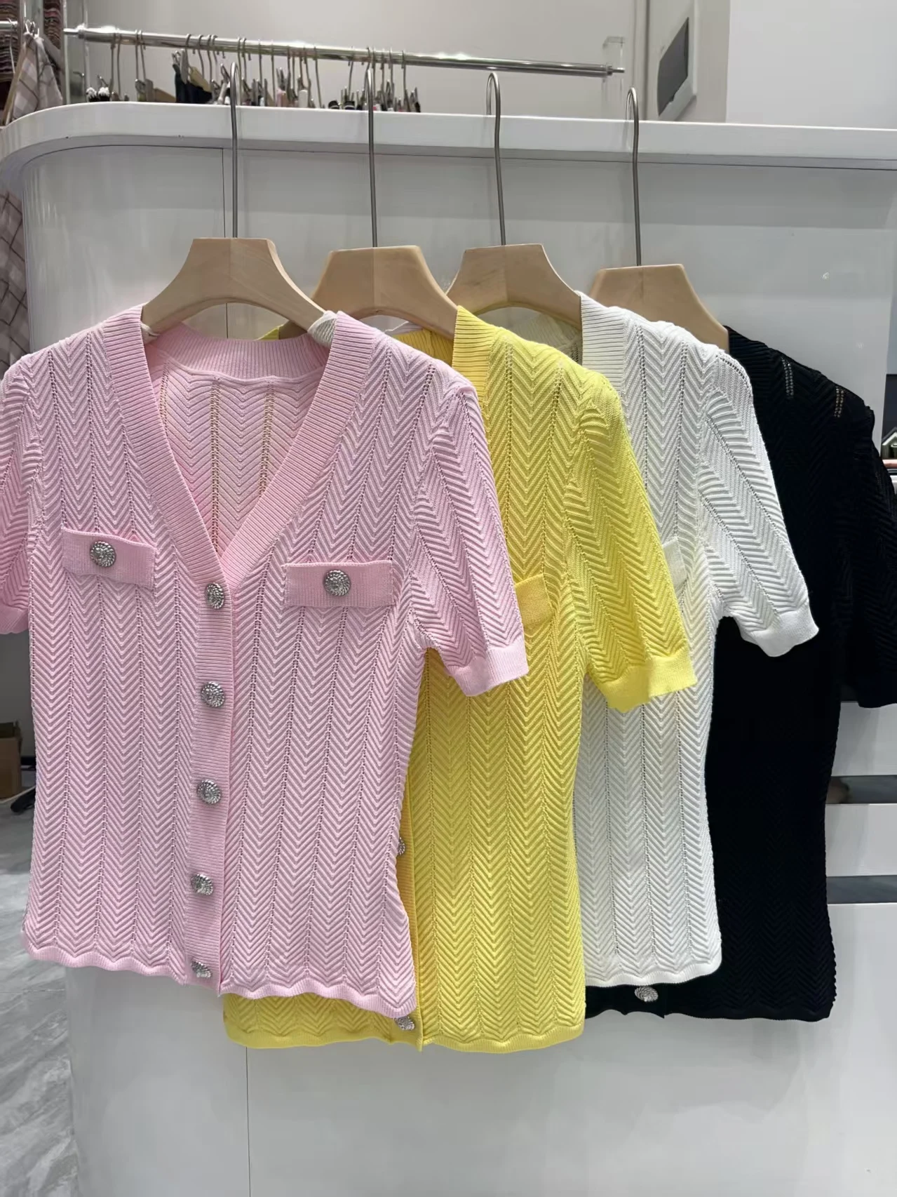 

2026 New V-Neck Short Sleeve Wave Pattern Metal Button Knitted Open Cardigan Women Summer Thin Strap Top Soft Luxury Style