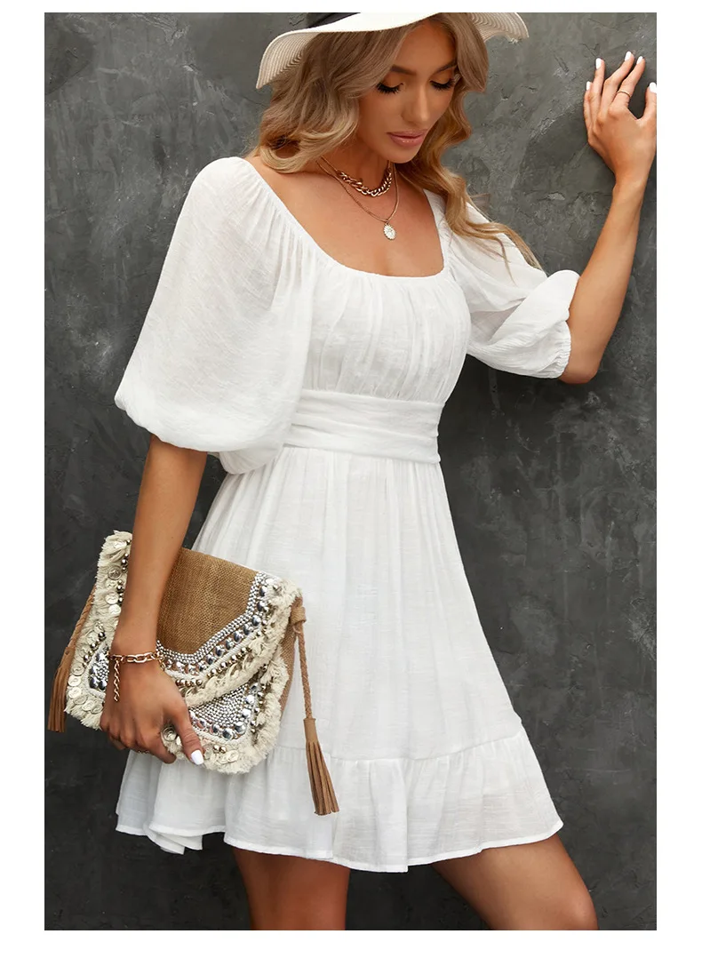 Womens Summer One Shoulder Solid Color Strap Dresses Square Neck Tie Back Lantern Sleeve Ruffle A-Line Casual Dress