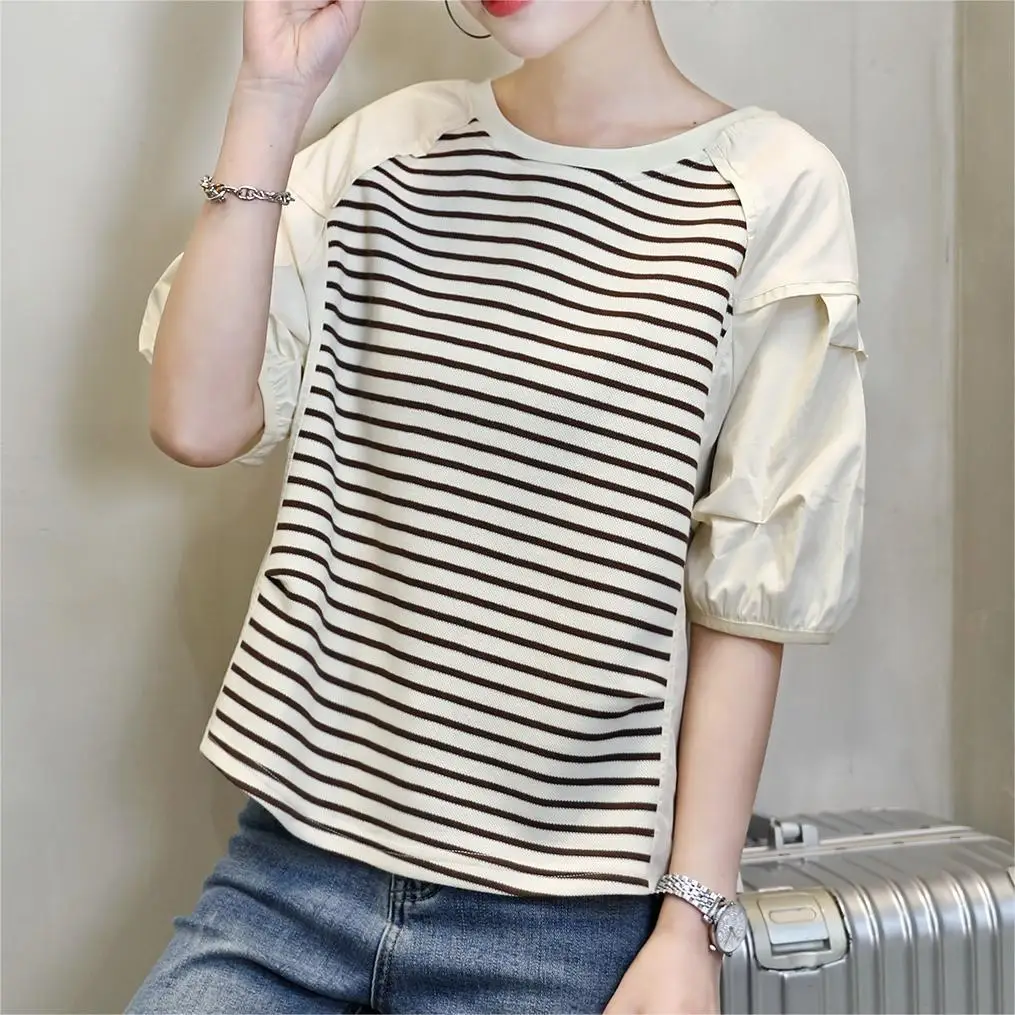 Short Sleeved Bubble Sleeved Patchwork Pullover Shirt For Women\'s Striped Summer Design Round Neck Top