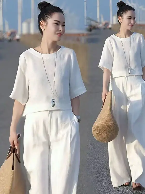 Nuevo Conjunto de Dos Piezas de Estilo Chino de Alta Moda, Manga Corta, Pantalones Anchos Casuales, Efecto Adelgazante, Veran...