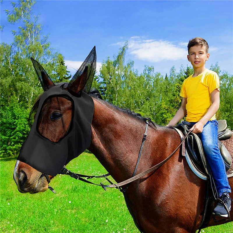 Máscara de malla antimoscas para caballos, mascarilla elástica con orejas cubiertas, nariz larga con orejas, 1 unidad