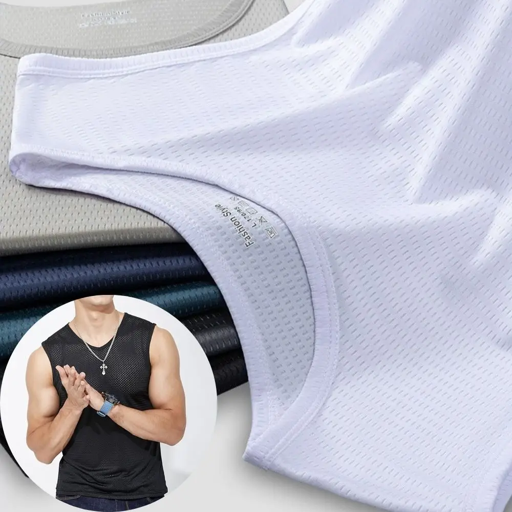 Ice Silk Mesh Men\'s Sleeveless T-shirt Thin Breathable Tank Top Bodybuilding Gym Clothing Men Fitness Vest Male Muscle Singlets