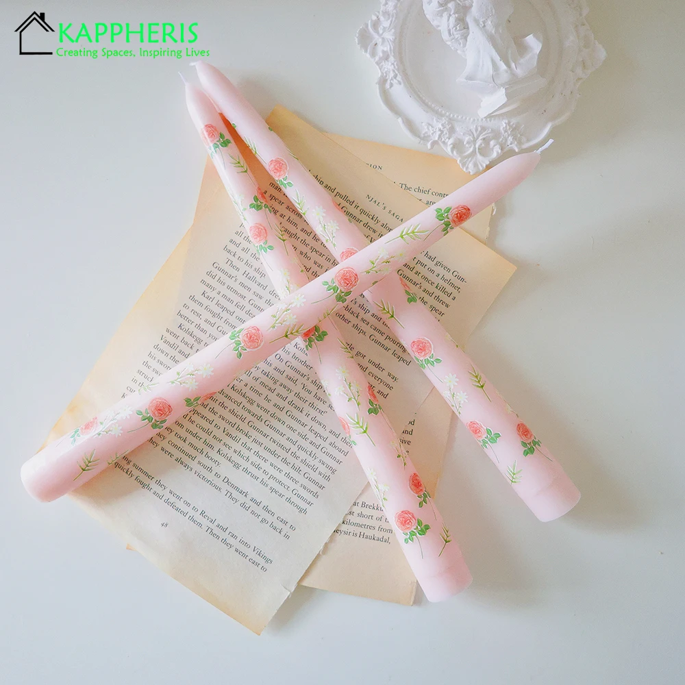 7.5\'\' Taper Scented Candles Romantic Hand Painted Rose Long Candle for Dinner Table Decoration Wedding Country Decor