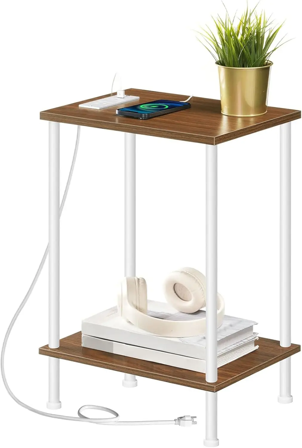 

Side Table with Charging Station, End Table with USB Port and Outlets, Nightstand with 2-Layer Storage Shelves for Small Spac