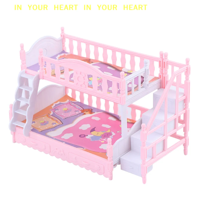 【X】Móveis de Brinquedo para Bonecas, Cama de Beliche Estilo Europeu, Cama de Beliche Dupla, Brinquedo de Aniversário para Meninas