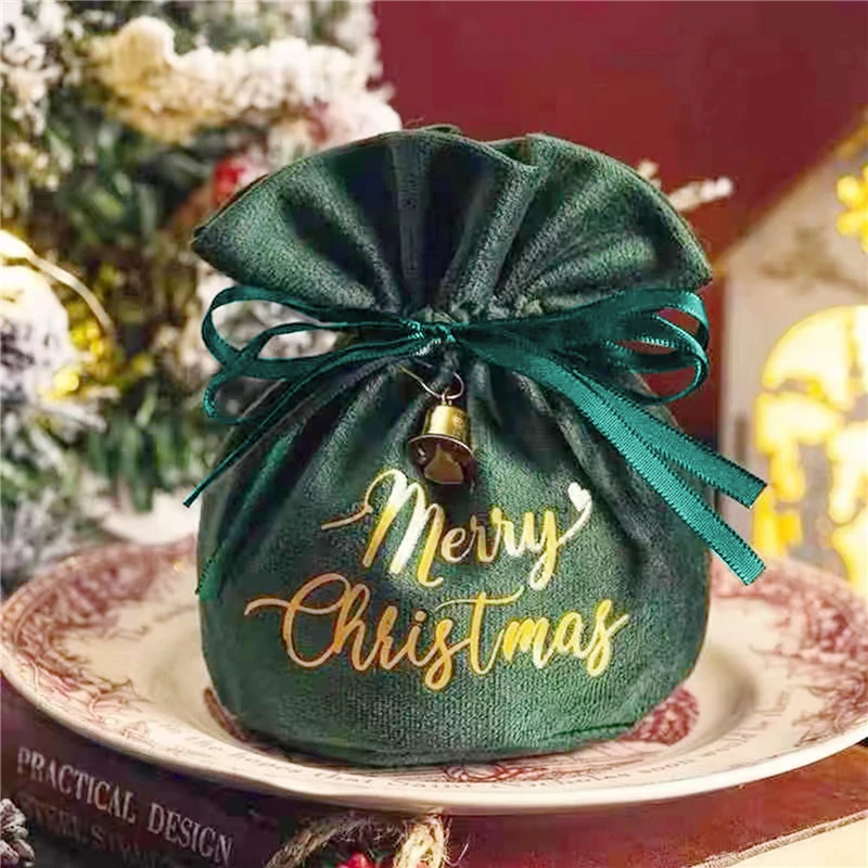 Printed Candy Storage Bag Merry Christmas With Cord Bow Bells Velvet Gift Packaging Handbag Christmas New Year Party Decor