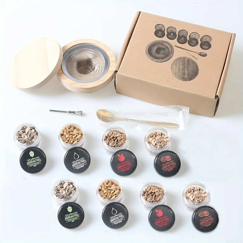 8PCS Wooden Smoker Cocktail Smoker Kit Whiskey Wooden Smoked Wood Hood Smoker for Drinks Kitchen Bar Additions Tools