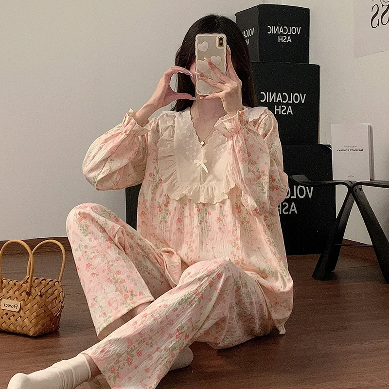 New Spring Autumn Sweet Cute Women's Pajamas Set Light Pink Gradient Floral Print 2 Piece Pajamas Set Casual Everyday Homewear