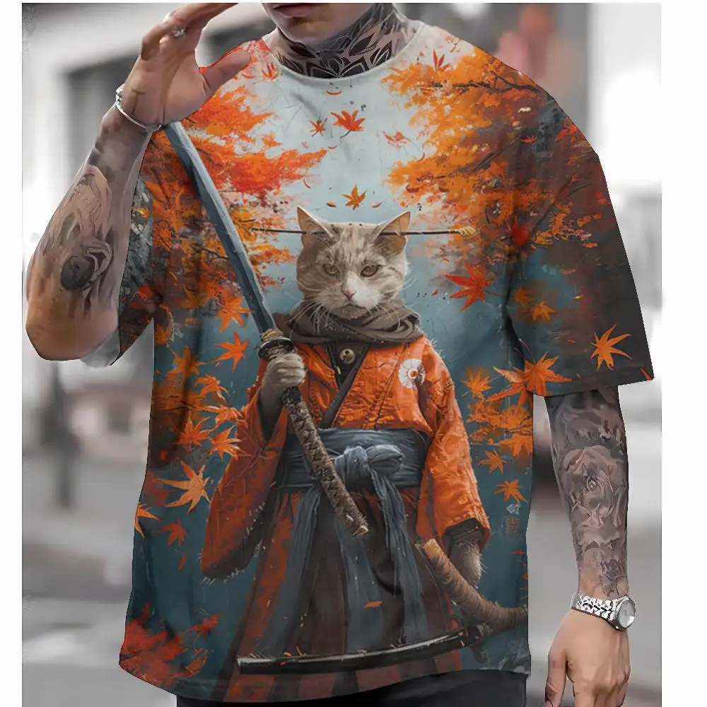 Men 3D Samurai Cat Print T‑Shirt Japanese Maple Leaf Art O‑Neck Short Sleeve Casual Streetwear Summer Tops